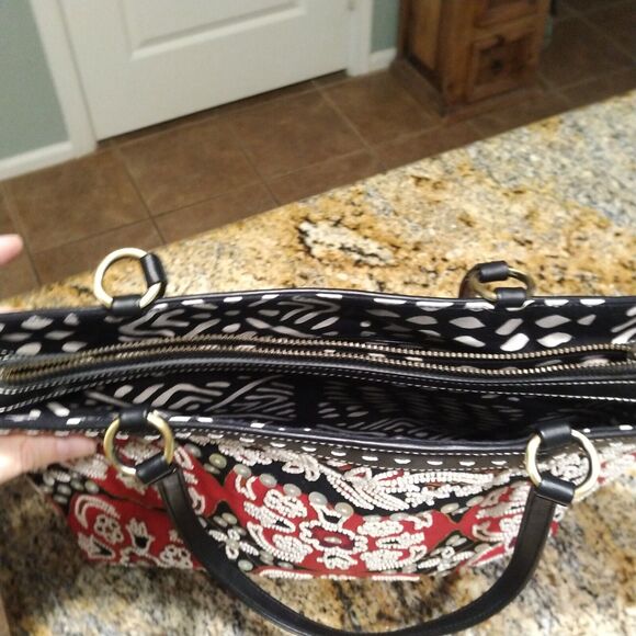 Isabella Fiori Beaded Sequined Canvas Leather Black Red Handbag Tote Bag - Picture 9 of 16